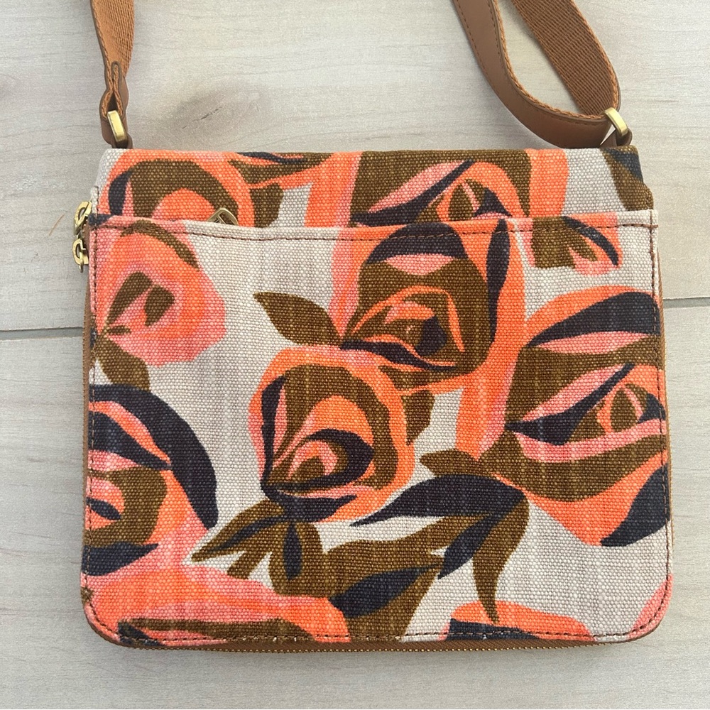 Fossil Preston Floral Expandable Crossbody Shoulder Canvas Leather Handbag - Picture 2 of 7